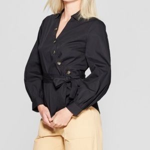 Who What Wear  1X Asymmetric Button Belted Blouse Black